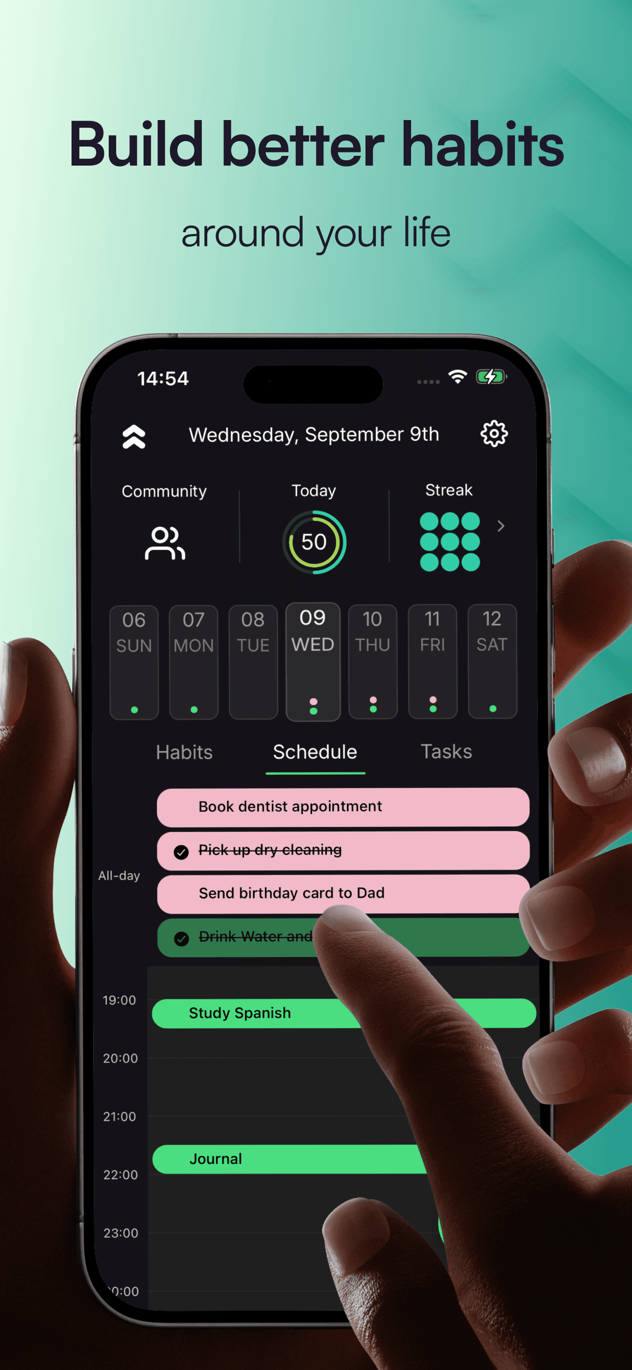 Schedule view with tasks and habits for the day