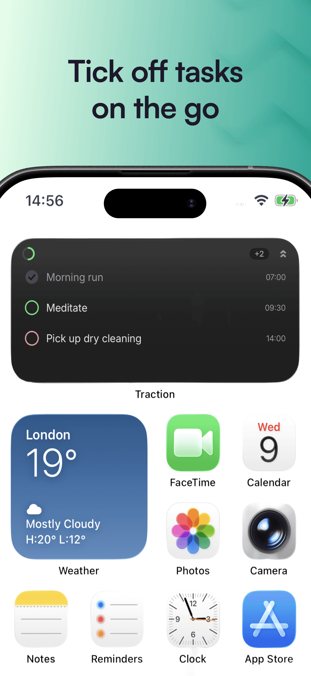 Traction widget on an iPhone home screen: morning run, meditate, pick up dry cleaning